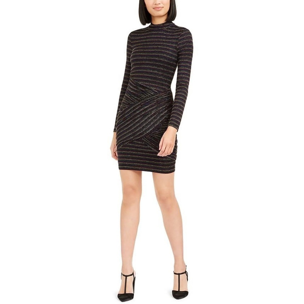 Trina Turk Women’s Black Ruched Shimmering Pinstripe Long Sleeve Mock Neck Sz 6